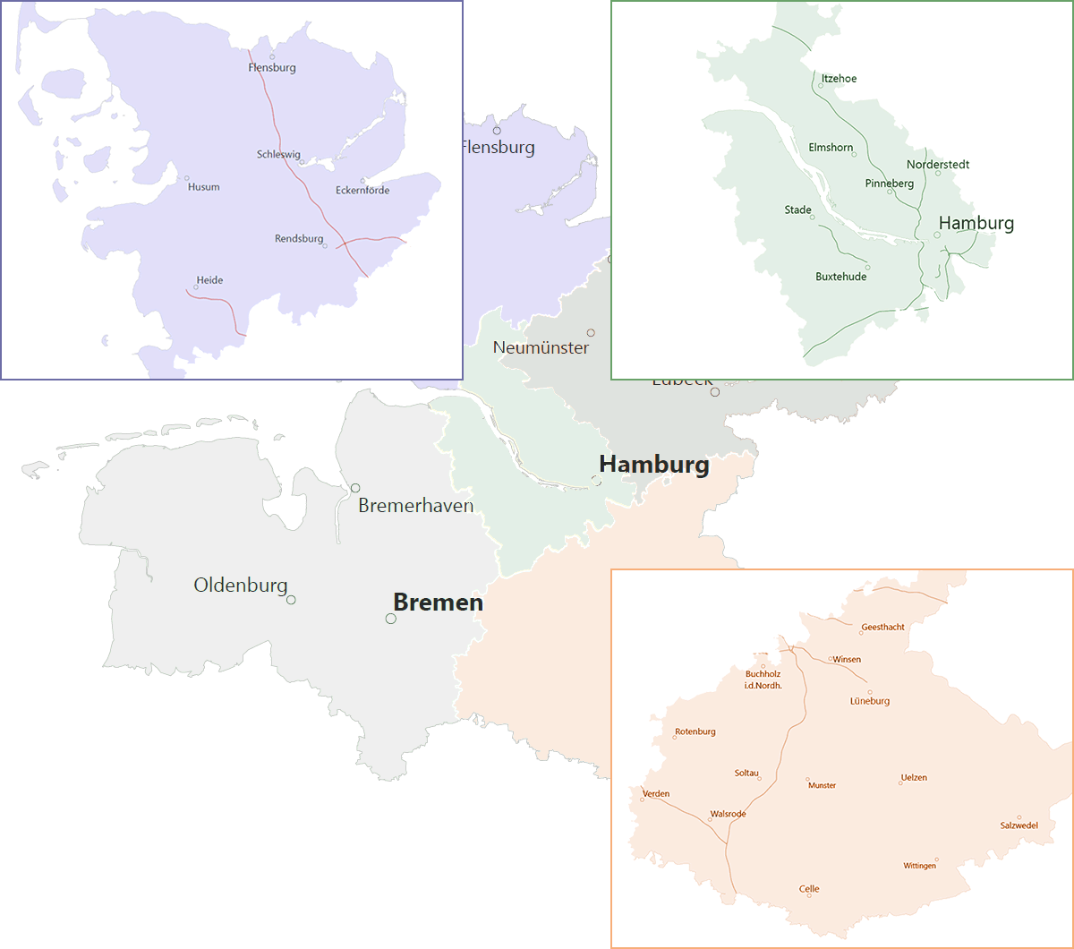 Map of North Germany with cutouts