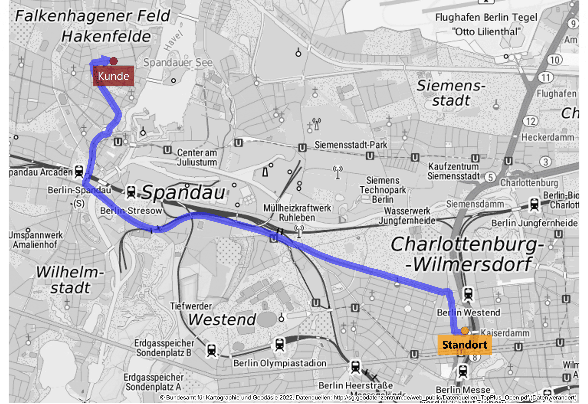Echte Entfernungen und Fahrzeiten zwischen Standorten