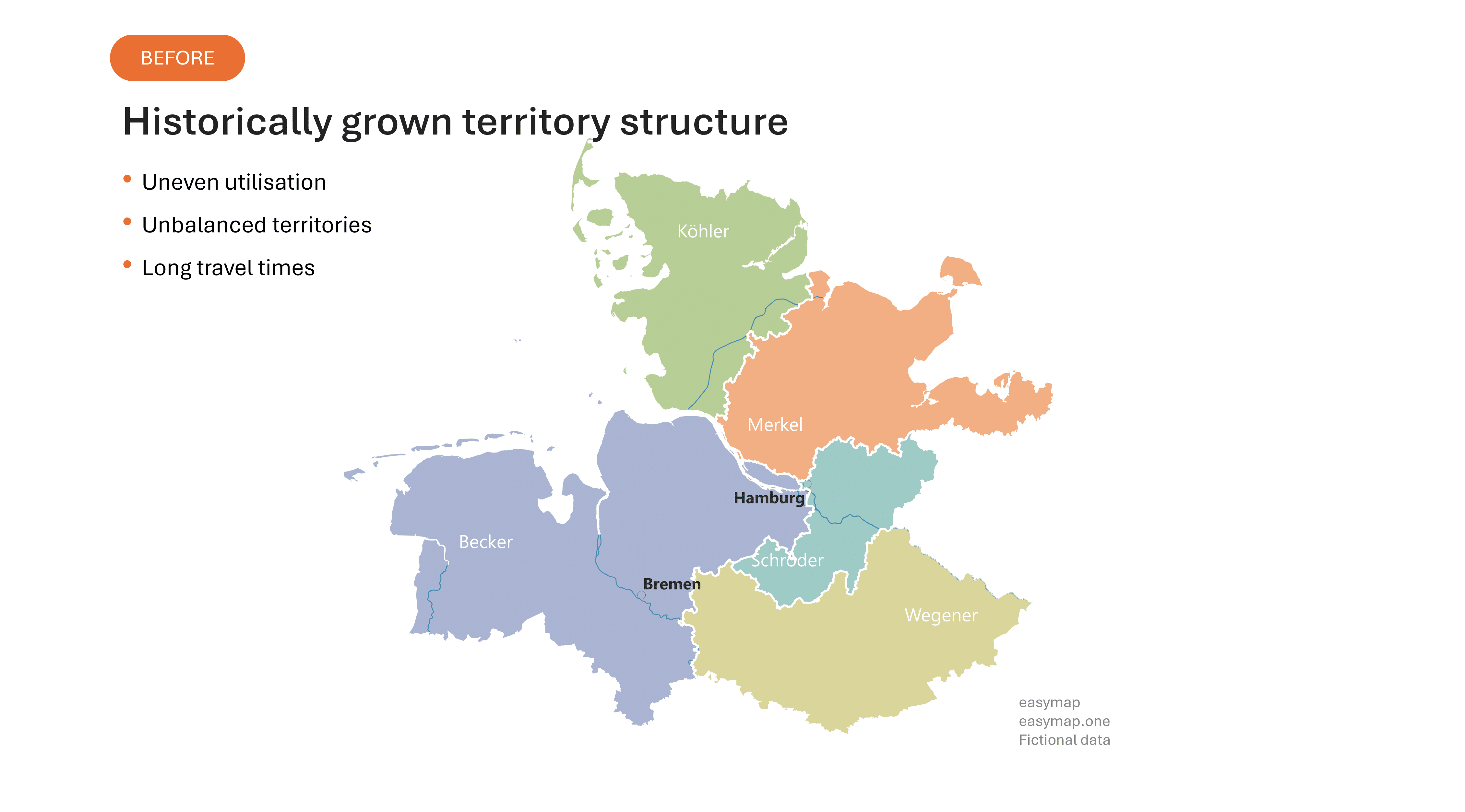 Historically grown sales territories with uneven territory structure and long travel times in field sales, visualised with easymap