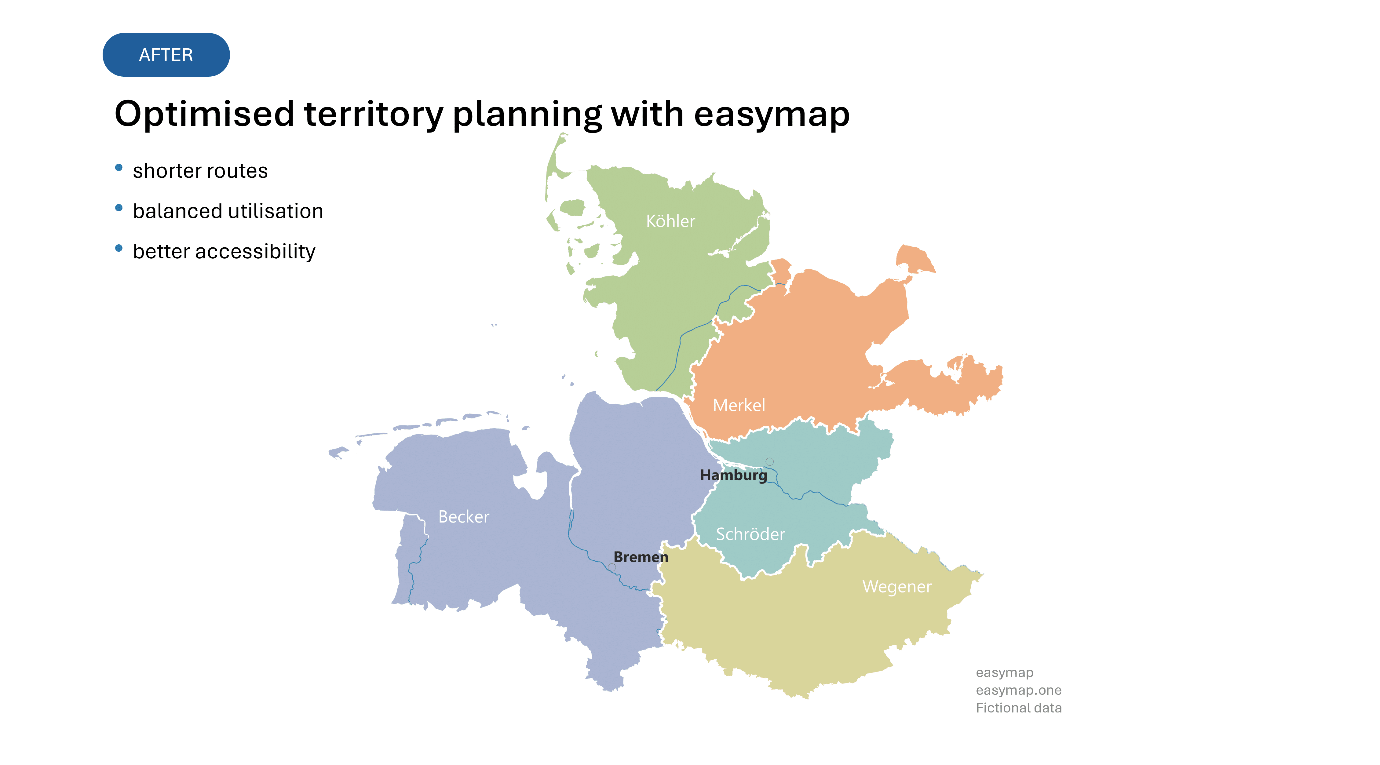 Optimised sales territories with a more balanced territory structure and shorter travel times in field sales, visualised with easymap
