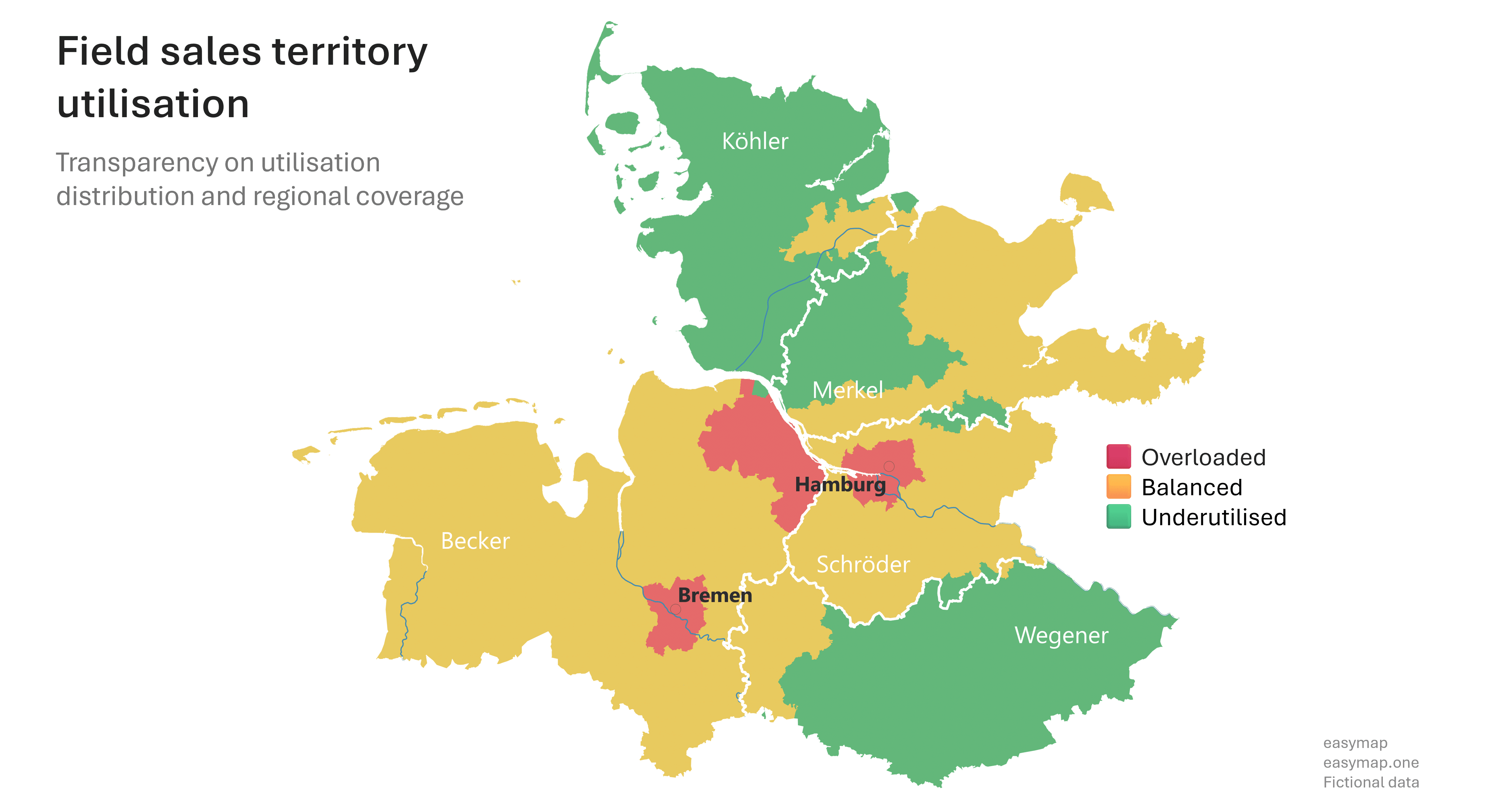 Regional workload analysis of sales territories with overloaded areas, balanced regions and available capacities in field sales, visualised with easymap