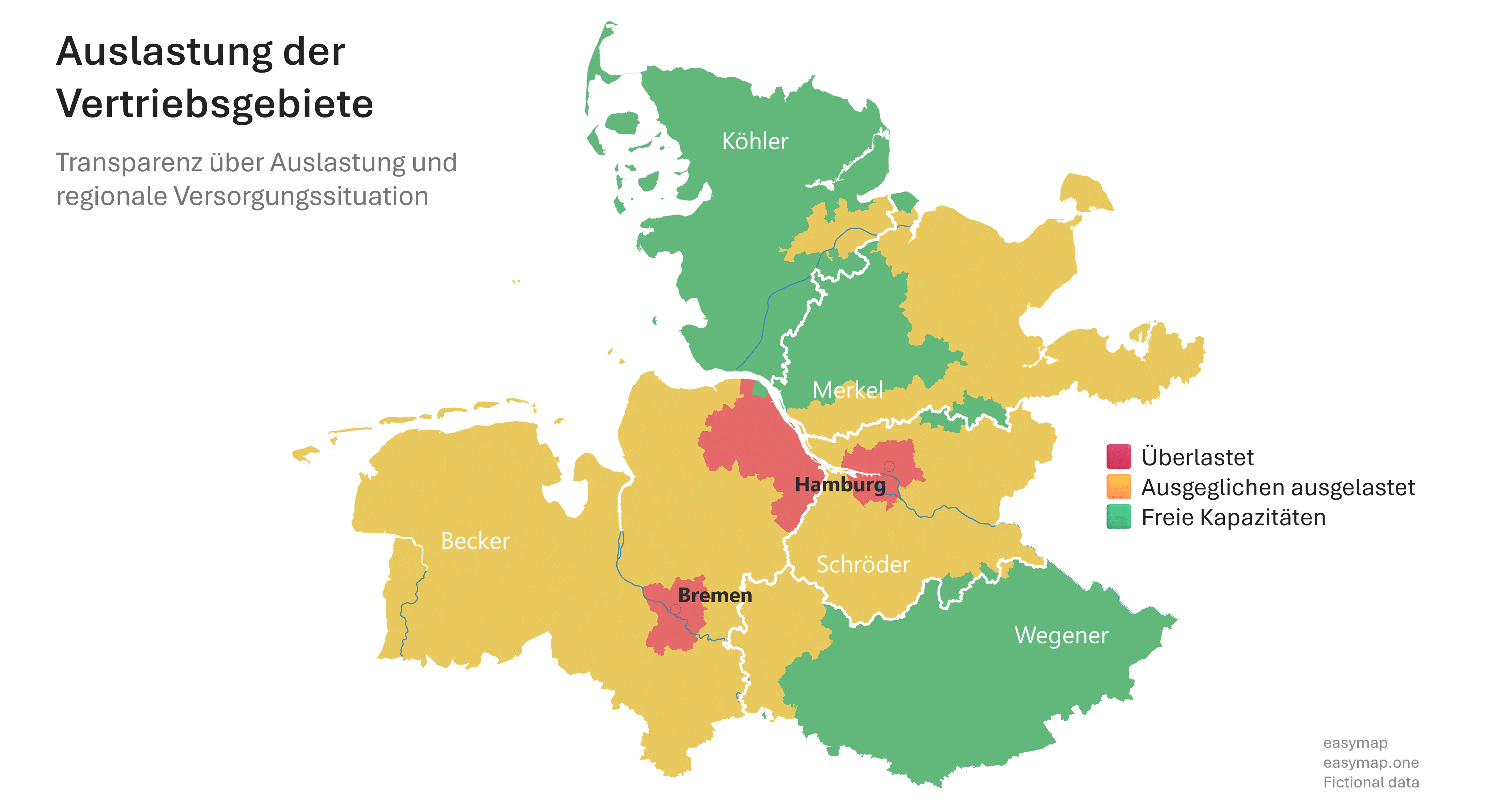 Regionale Auslastung von Vertriebsgebieten mit unterschiedlich hoher Gebietsbelastung