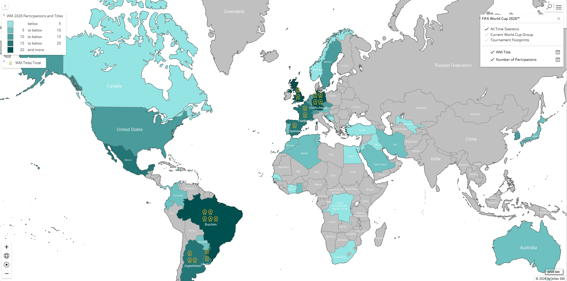 fussball-wm-2026-historische-teilnahmen-karte Historische WM-Teilnahmen und Titel aller Nationen im easymap explorer