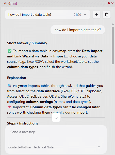 AI Chat in easymap 12.3 answering a user question about map data and analysis.