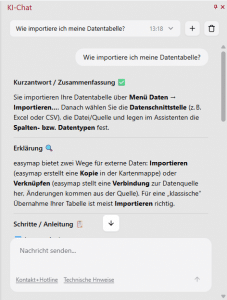 KI-Chat in easymap mit Antwort zur Frage, wie eine Datentabelle importiert wird