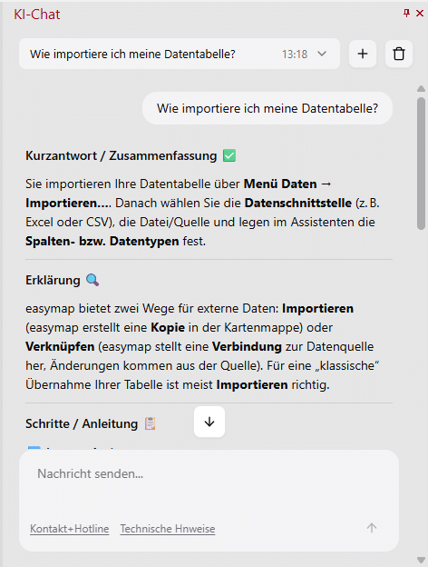 KI-Chat in easymap mit Antwort zur Frage, wie eine Datentabelle importiert wird