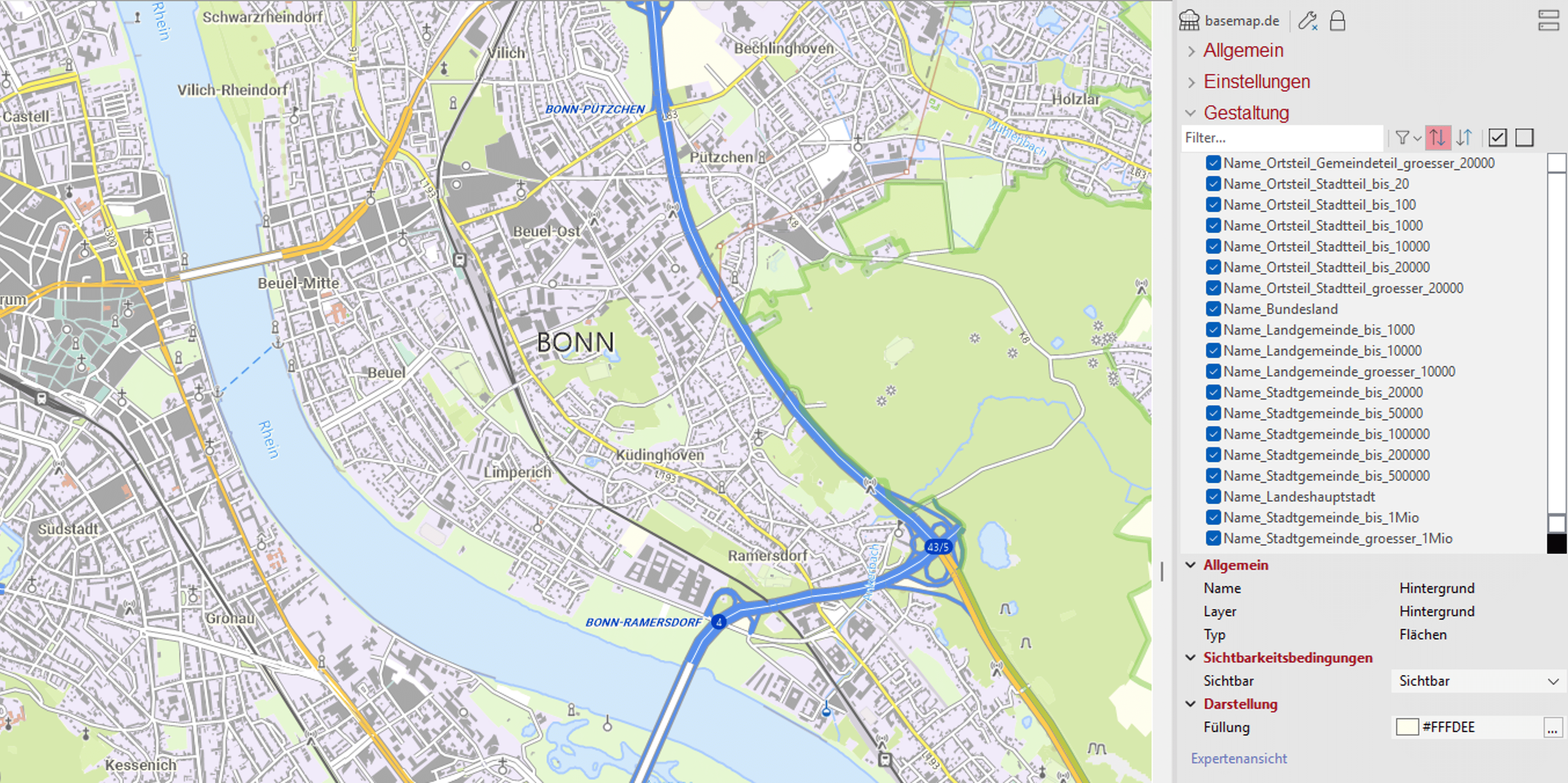 Vektorkacheln in easymap 12.3 Individuell gestaltete Vektorkachel-Hintergrundkarte in easymap mit Straßen, Gewässern und Ortsnamen im Raum Bonn
