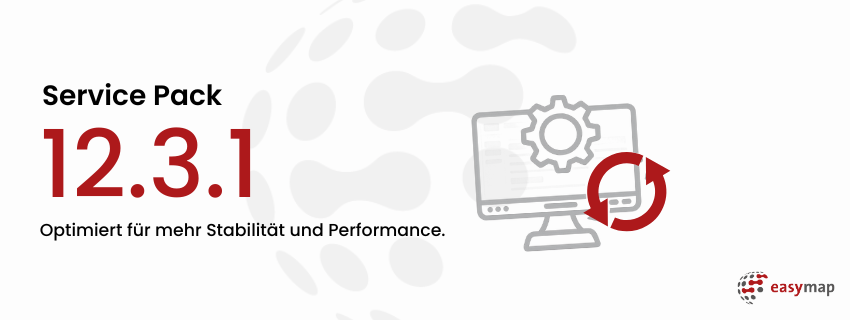 Service Pack 12.3.1 für easymap – Mehr Stabilität und Performance Headergrafik zum Service Pack 12.3.1 für easymap mit Versionsnummer sowie Symbolen für Software und Update.