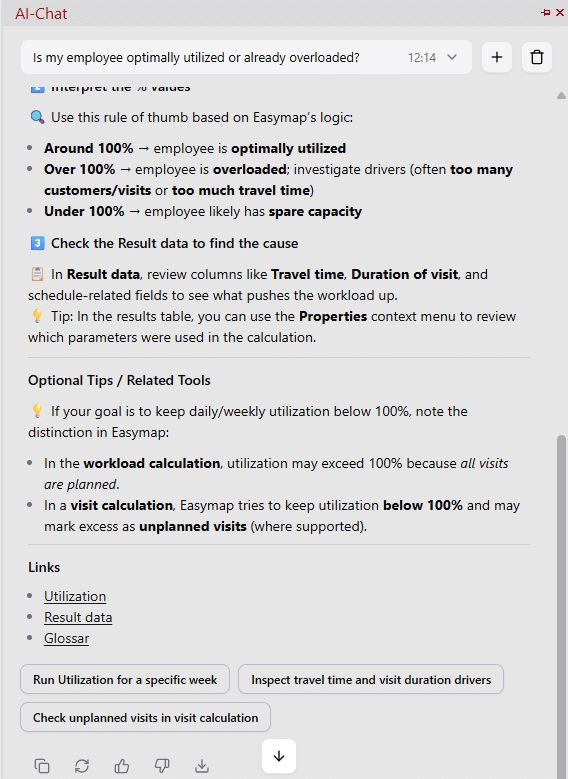 Source references and actions in the AI Chat