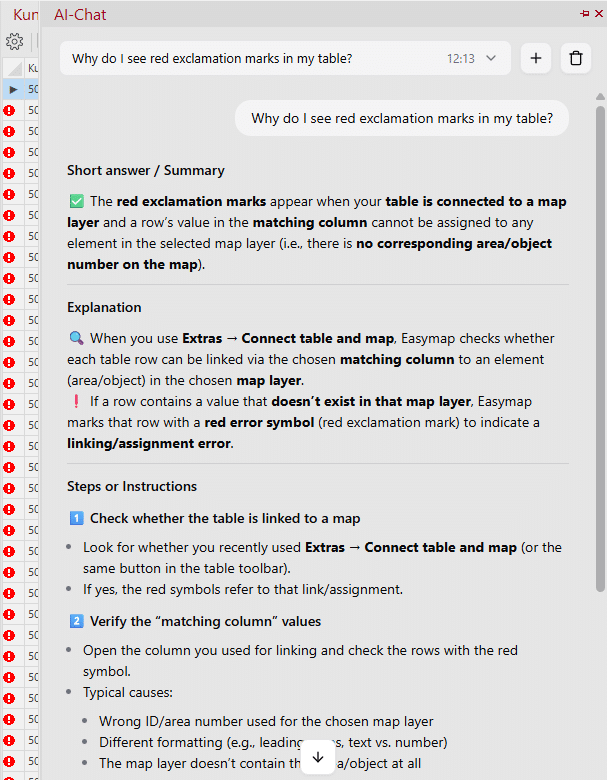AI Chat helps identify data issues Response from the easymap AI Chat explaining red exclamation marks in a data table