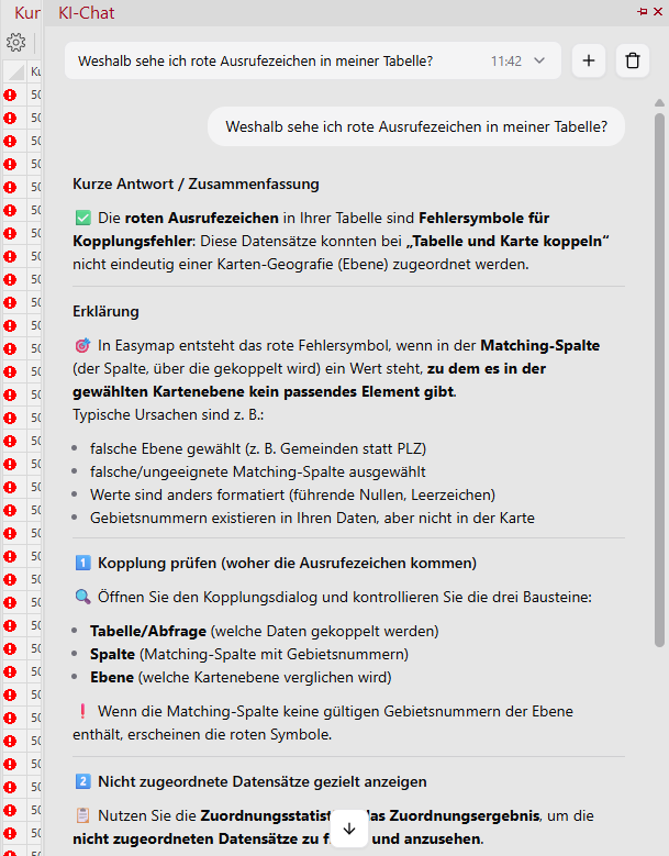 KI-Chat hilft bei roten Ausrufezeichen in einer Tabelle